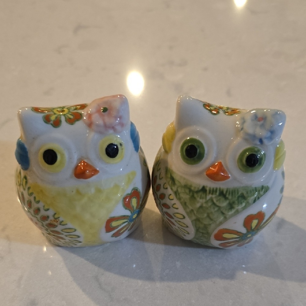 Ceramic Owl Salt and Pepper Shakers Set Multi Color Floral Boho Kitchen Decor